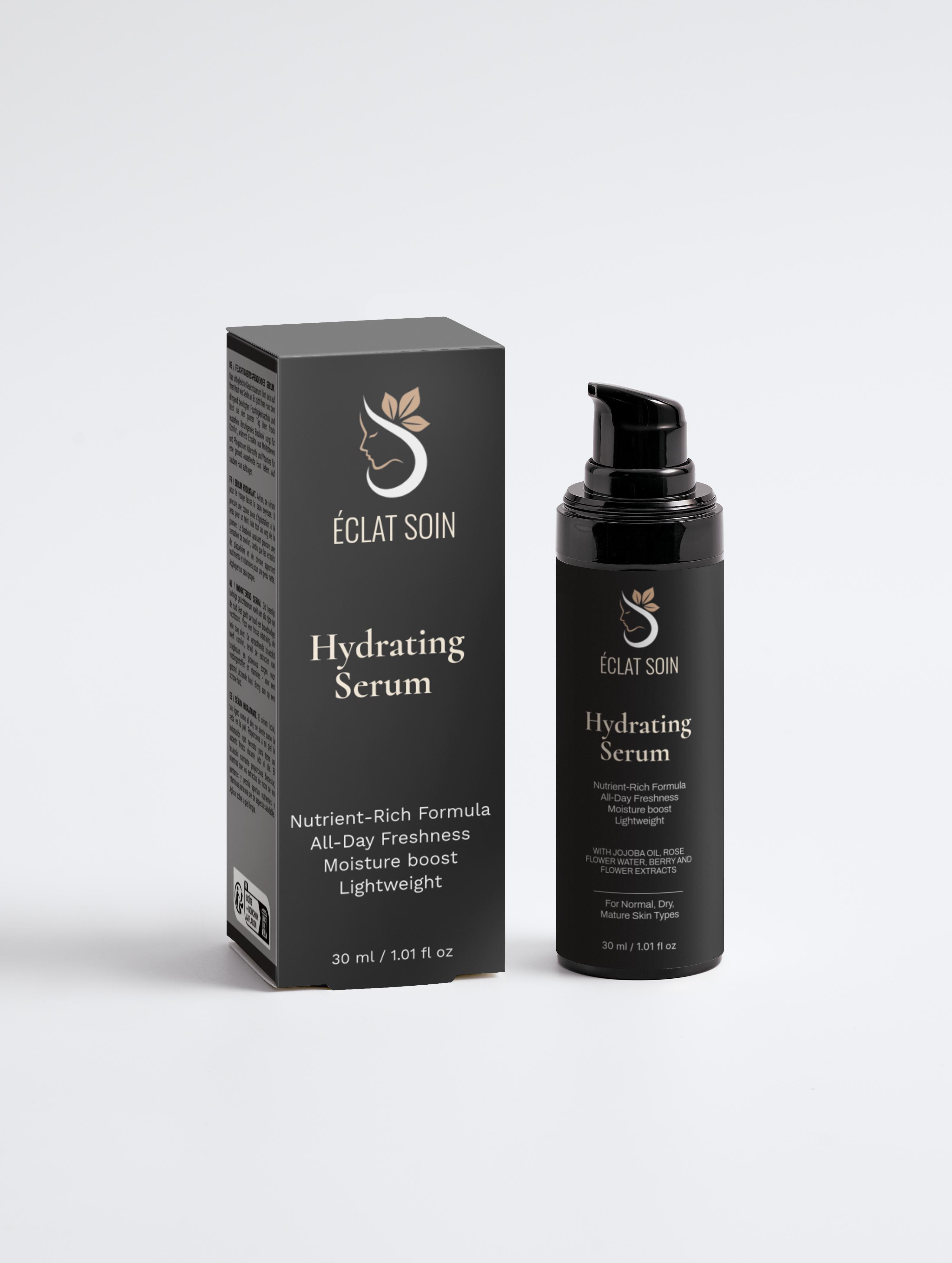 Éclat Soin Hydrating Serum in sleek bottle with nutrient-rich formula for all-day freshness